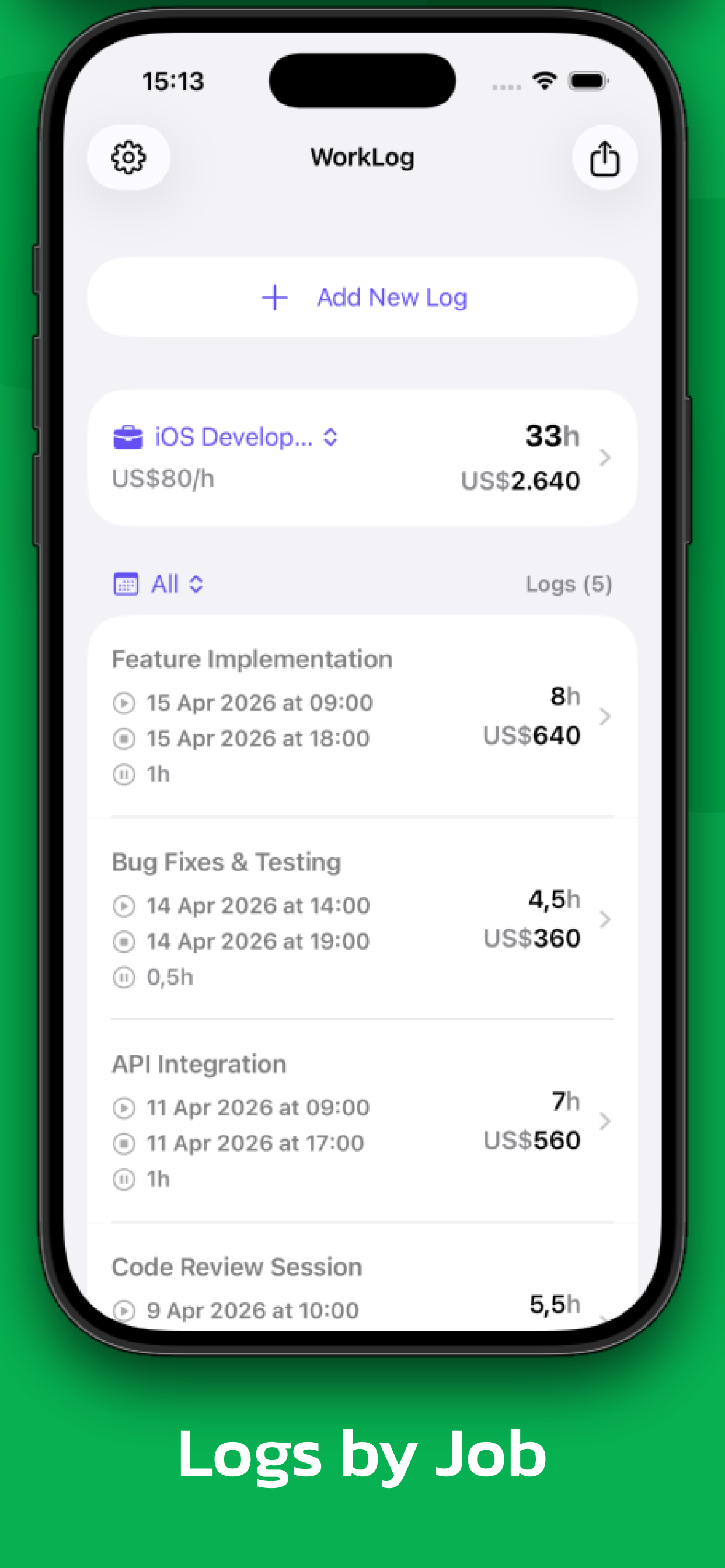 WorkLog home screen